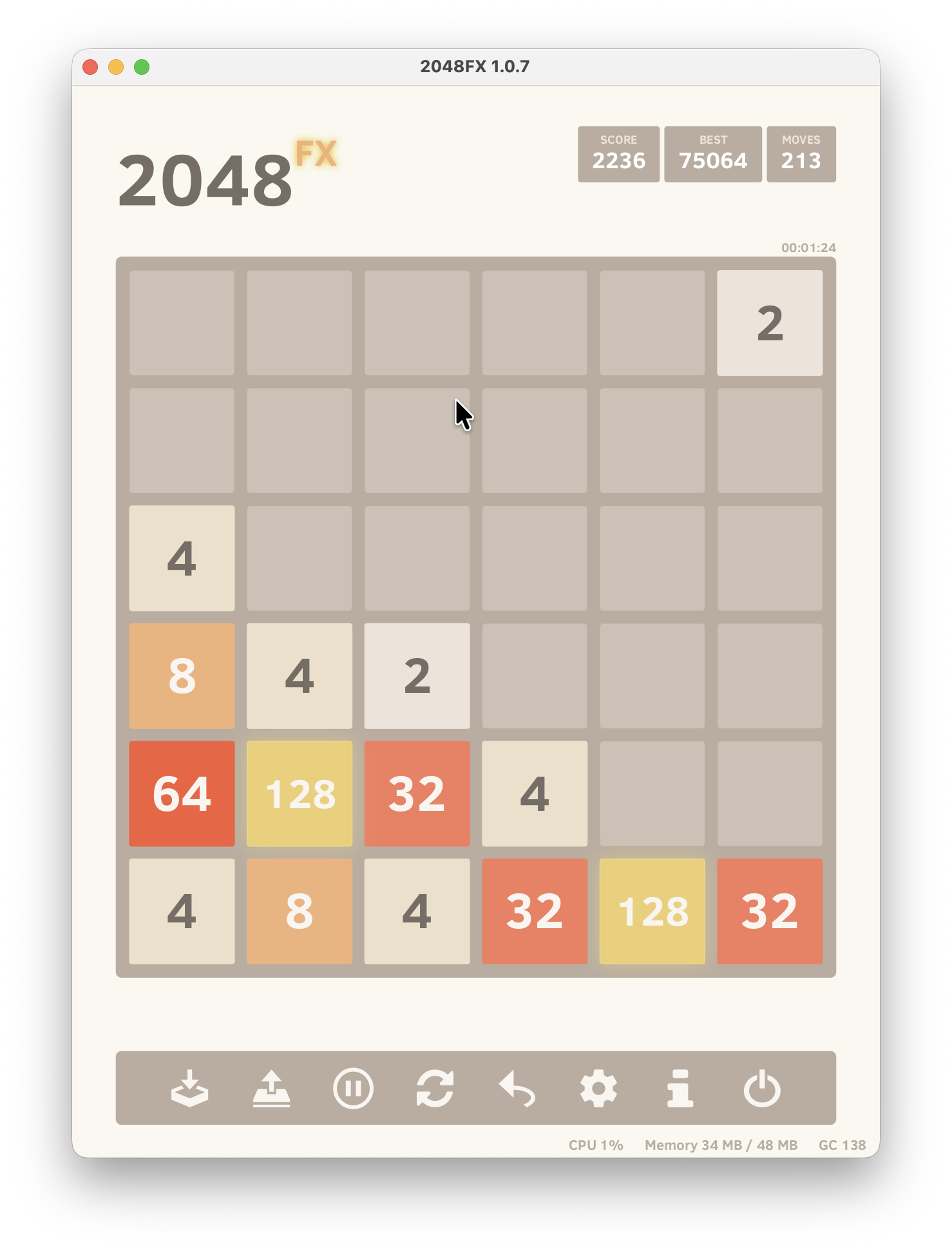 Screenshot of fx2048 showing a 2048 game board with score, toolbar, and status bar.